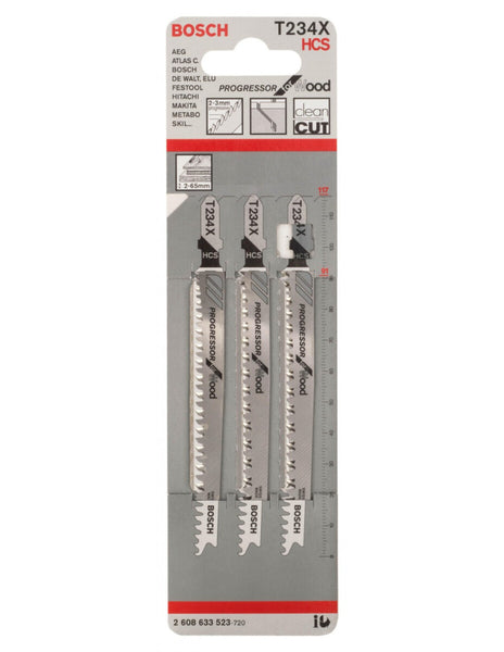 Bosch T234X Jigsaw Blades: Wood Cutting, HCS Steel, 3-Pack. Clean & Fast Wood Cuts with Progressor Tooth Design.