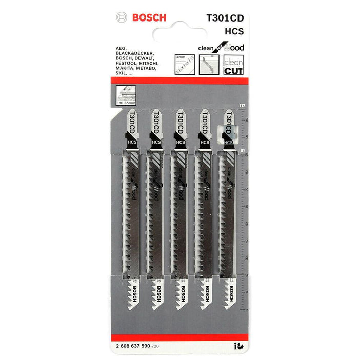 Bosch T301CD Jigsaw Blades Set: 5 HCS Clean Cut Wood Blades. High-Speed Steel for Clean, Precise Wood Cuts. Bosch Accessories