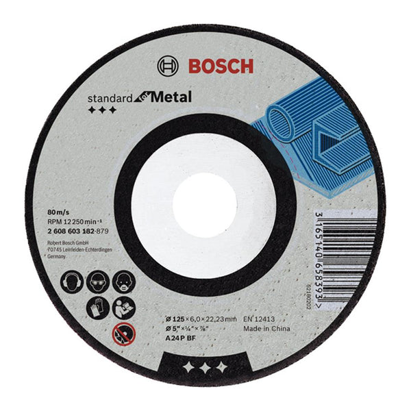 Bosch 125mm Grinding Disc A24P BF - Standard Metal Grinding Wheel 5" x 1/4" x 7/8" - Metal Cutting Abrasive