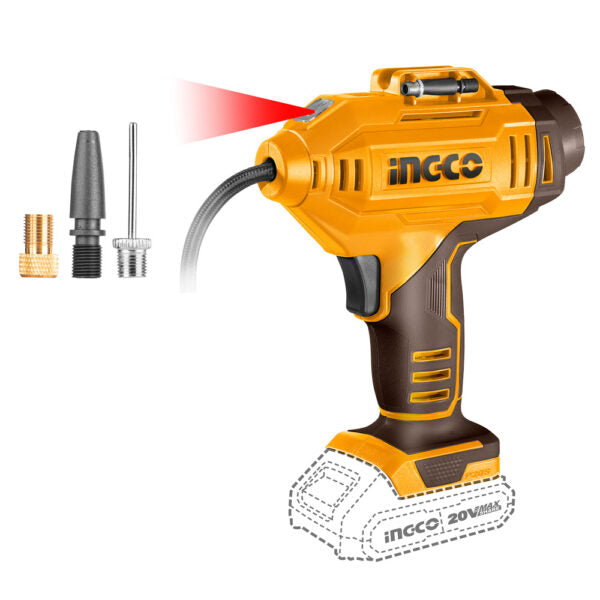 INGCO 20V Cordless Air Compressor - Handheld Portable Inflator, 150PSI, Auto Tire Pump, Air Tool with Accessories