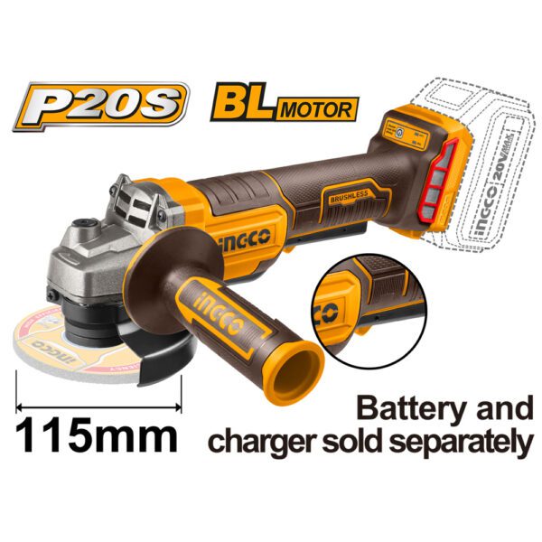 INGCO 20V ANGLE GRINDER 115MM B/LESS 2SPD 1000W