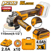INGCO 20V ANGLE GRINDER 115MM B/LESS 2SPD 1000W KIT