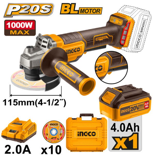 INGCO 20V ANGLE GRINDER 115MM B/LESS 2SPD 1000W KIT