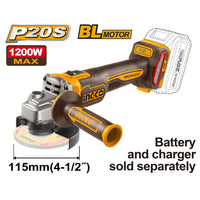 INGCO 20V ANGLE GRINDER 115MM B/LESS 3SPD 1200W - tool only