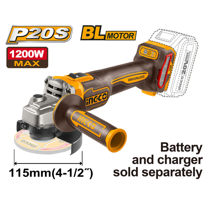 INGCO 20V ANGLE GRINDER 115MM B/LESS 3SPD 1200W - tool only