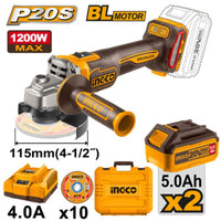 INGCO 20V ANGLE GRINDER 115MM B/LESS 3SPD 1200W KIT