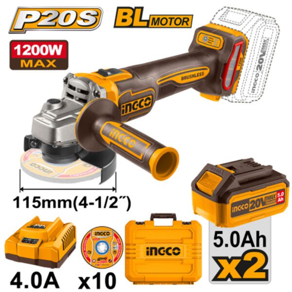 INGCO 20V ANGLE GRINDER 115MM B/LESS 3SPD 1200W KIT