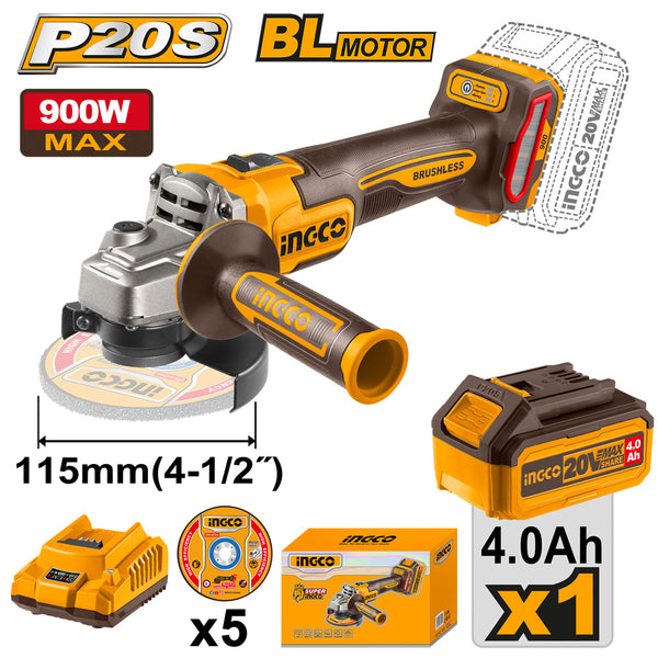 Ingco| Cordless Angle Grinder 20V (900w Max) + 4Ah Battery & Charger - CAGLI261521