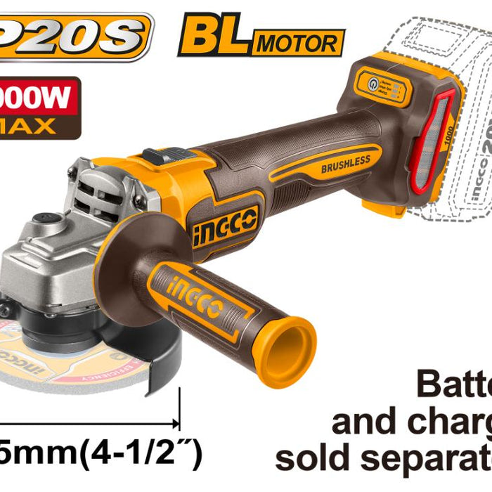 INGCO 20V ANGLE GRINDER 115MM B/LESS 3SPD 1000W TOOL ONLY
