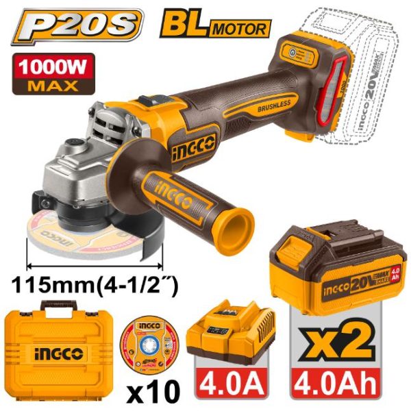 INGCO 20V ANGLE GRINDER 115MM B/LESS 3SPD 1000W KIT WITH BATTERIES & CHARGER