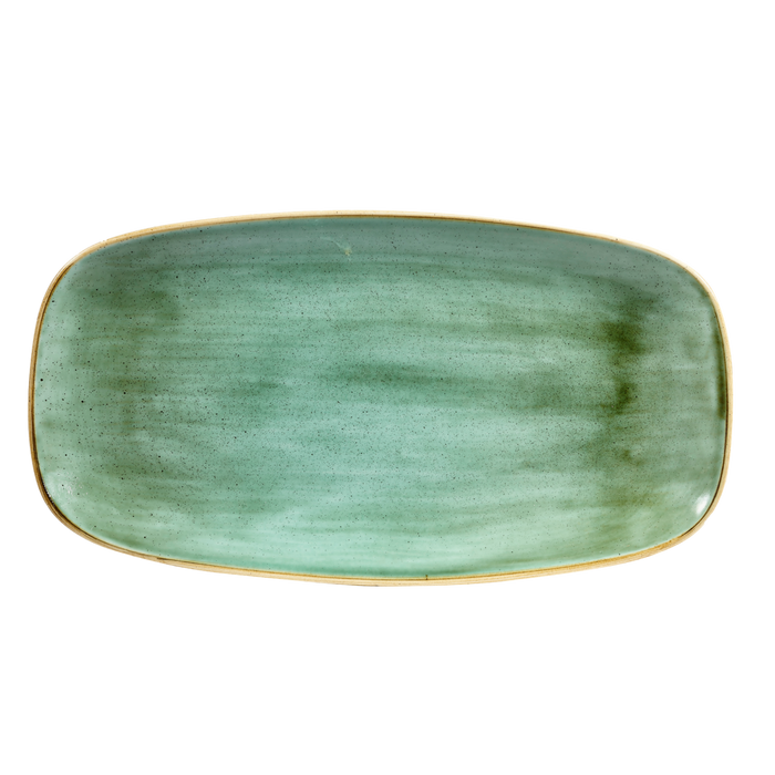 Churchill Stonecast Samphire Green Oblong Chef's Plate 35.5x18.9cm. Stylish Catering & Restaurant Serving Dish