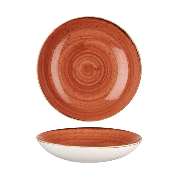 Churchill Stonecast Spiced Orange Large Coupe Bowl 31cm. Rustic orange stoneware bowl with speckled design, perfect for restaurants & cafes.