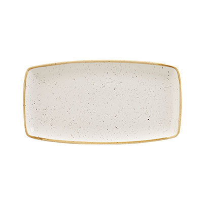 Churchill Stonecast Barley White Oblong Plate, 35cm x 18.5cm - Rustic serving platter with beige rim and speckled surface.