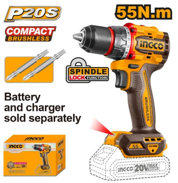 INGCO 20V Cordless Brushless Drill (CDLI205581): 55NM Power Drill for Home & Professional Use