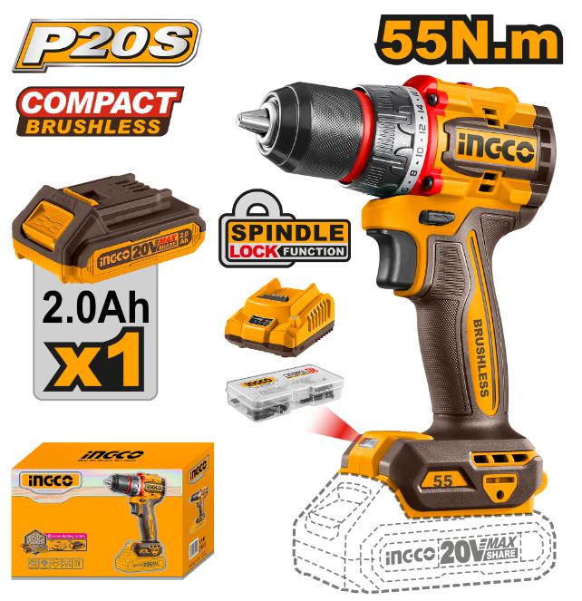 INGCO 20V DRILL 55NM B/LESS KIT - CDLI205582