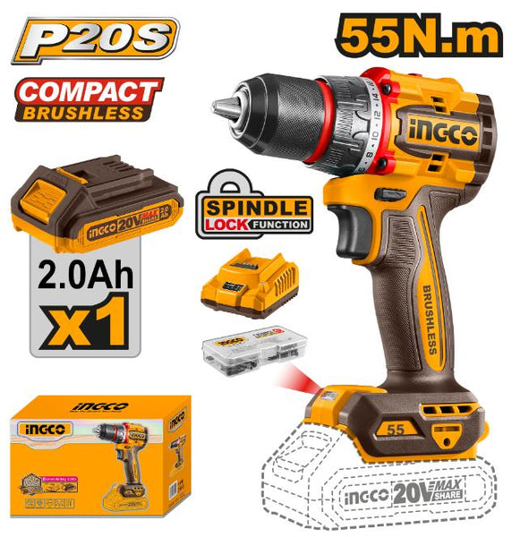 INGCO 20V DRILL 55NM B/LESS KIT - CDLI205582