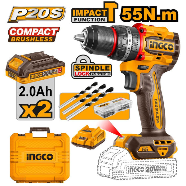 INGCO 20V DRILL IMPACT 55NM B/LESS KIT