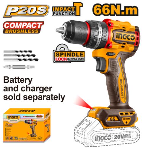 INGCO 20V Impact Drill Brushless - Powerful Power Tool 66Nm Torque