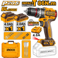 INGCO 20V Cordless Impact Drill Kit: 86Nm Brushless Drill, Batteries, Charger & Case