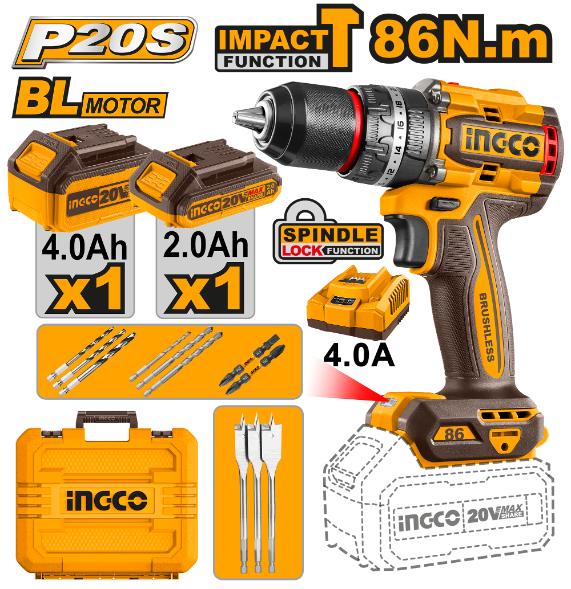 INGCO 20V Cordless Impact Drill Kit: 86Nm Brushless Drill, Batteries, Charger & Case