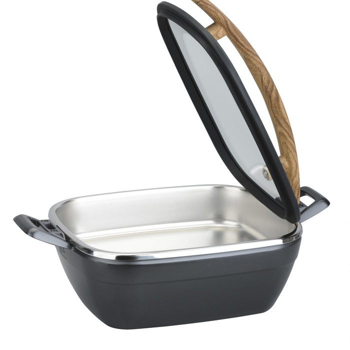 Tiger Artisan Square Casting Chafer with Wooden Handle - 4.5L Serving Dish, Buffet Food Warmer