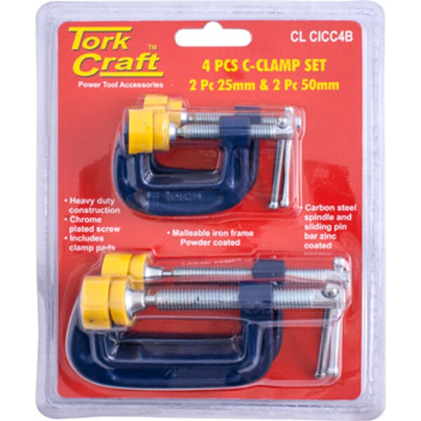 Tork Craft 4 PCS C-Clamp Set - Heavy Duty Clamps 25mm & 50mm - Securing Workpieces for Woodworking & Assembly