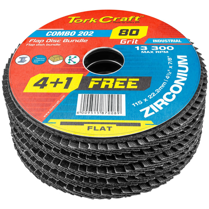 Tork Craft Flap Disc Zirconium 115 Mm 80 Grit Flat 4+1 Free Combo 202