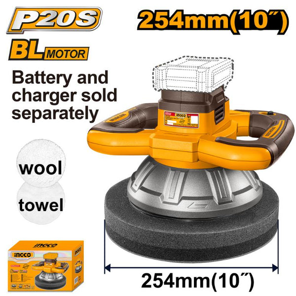 INGCO 20V Cordless Polisher Tool Only, 254mm - Brushless Motor, Polishing Kit - Chavda.com