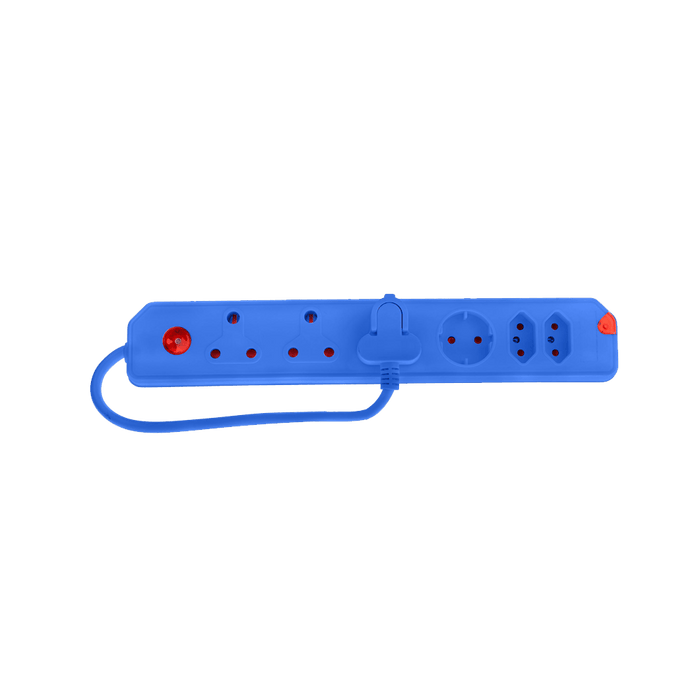 CRE034BL Multiplug: 6 Way (3x16A, 2x5A, 1 Schuko) Blue Power Strip with Overload Protection & Single Switch - Chavda.com