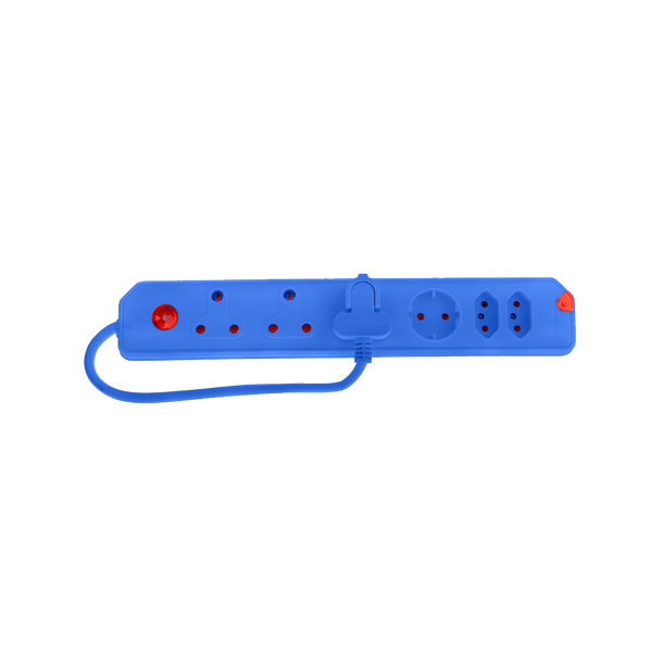 CRE034BL Multiplug: 6 Way (3x16A, 2x5A, 1 Schuko) Blue Power Strip with Overload Protection & Single Switch - Chavda.com