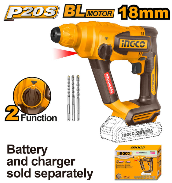 INGCO 20V Rotary Hammer Drill - 18mm SDS-plus, Brushless Motor, 2-Function Power Tool (Tool Only)