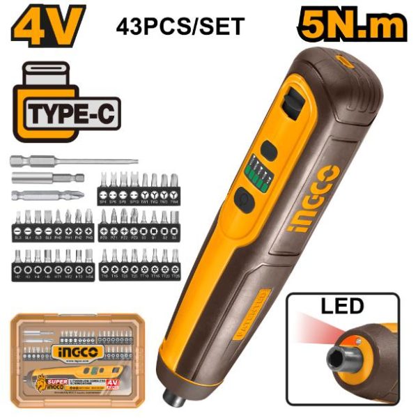 INGCO 4V Screwdriver USB-C - 43-Piece Set. Cordless Screwdriver Kit with Bits, LED, 5N.m Torque