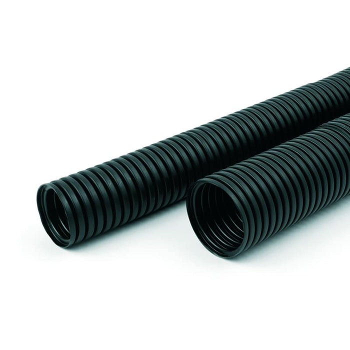 Black Convoluted Tubing, 7.5mm ID, Split Design - Flexible Electrical Conduit for Cable Management and Protection.
