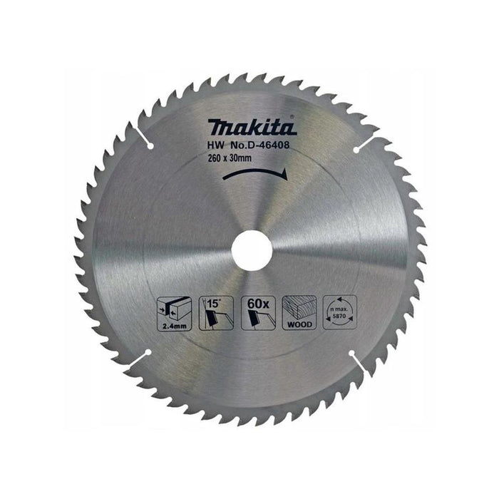 Makita HW No.D-46408 Saw Blade - 260mm x 30mm, 60 Teeth Wood Cutting Disc for Table Saw