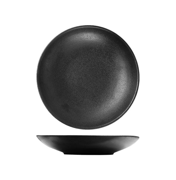 FORTIS TEMPEST Black 24cm Deep Coupe Plate: Stylish ceramic dish for restaurant and home. Modern, textured black serving plate.