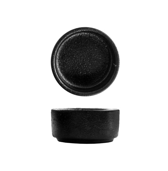 FORTIS TEMPEST Black Round Ceramic Dish 6.5cm: Textured black serving bowl, stylish restaurant tableware.