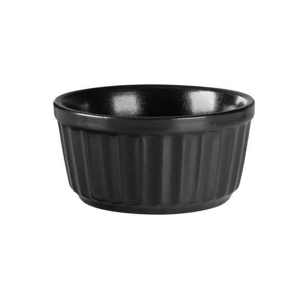Black Ribbed Ramekin 9cm - FORTIS TEMPEST DA-1117 Ceramic Dish - Single Serve Dessert Bowl Baking