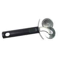Dual-wheel dough cutter with crimped edge, black handle. Pastry and pizza tool.