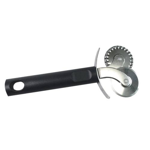 Dual-wheel dough cutter with crimped edge, black handle. Pastry and pizza tool.