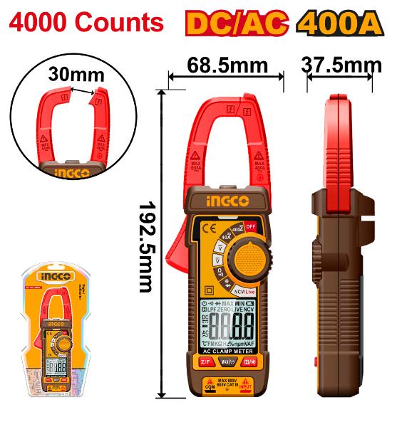 INGCO Clamp Meter Electrical Tester 400A 4000 Counts - AC DC Digital Multimeter, Portable Amp Meter