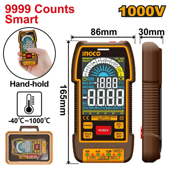 INGCO DM110004 Digital Multimeter 9999 Counts: Electrical Tester, Hand-held, Measurements. Reliable Tool Image.