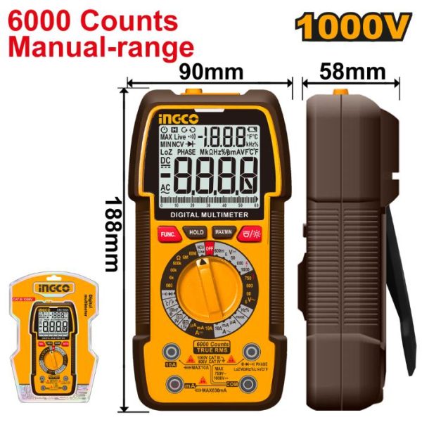 INGCO Digital Multimeter DM310002, Electrical Tester, 6000 Counts, LCD Display