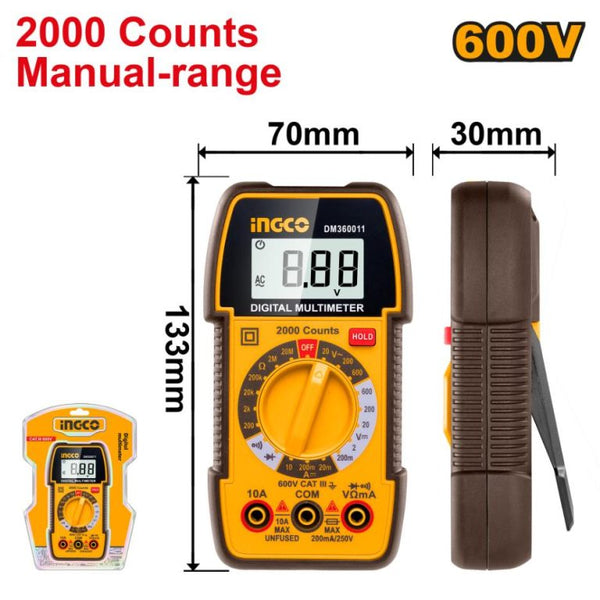 INGCO Digital Multimeter DM360011: Electrical Tester, 2000 Counts, Manual Range