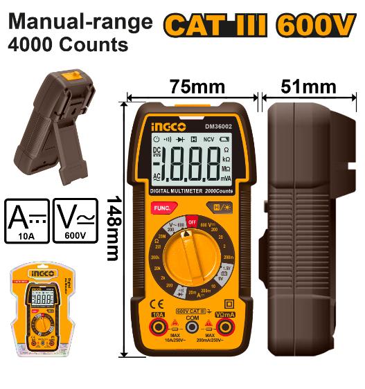 INGCO Digital Multimeter DM36002 - 4000 Counts Electrical Tester, Manual Range - CAT III 600V