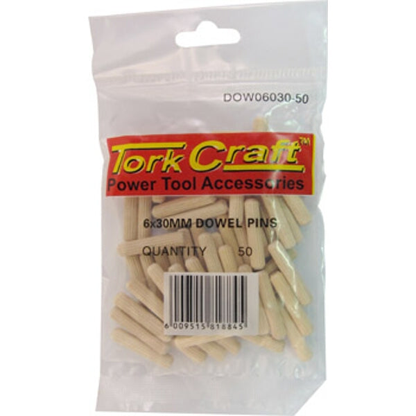 Tork Craft 6x30mm Dowel Pins (50pc) - Birch Wood Furniture Joinery Dowels, Woodworking Accessories