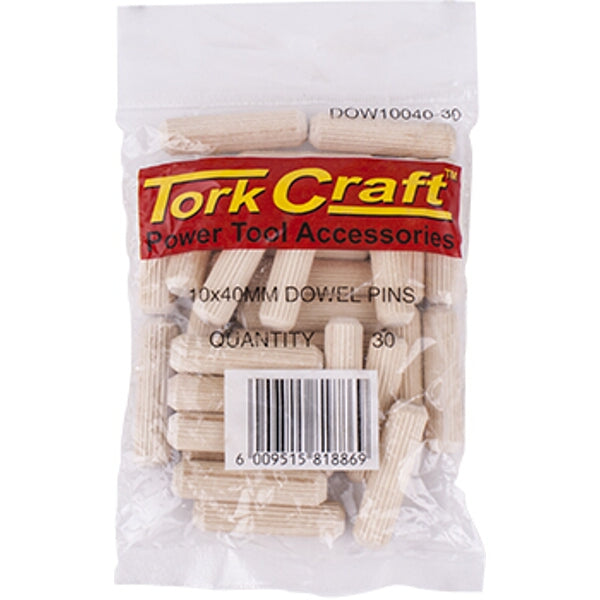 Tork Craft 10x40mm Wood Dowel Pins - 30 Pack. Woodworking Dowels for Furniture Joinery, Shelf Supports.