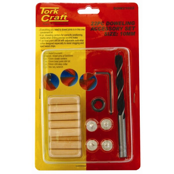 TorkCraft 10mm Doweling Kit (22-Piece): Wood Joint Accessories, Dowel Pins, Brad Point Drill Bit, Dowel Centers, Hex Key for Woodworking
