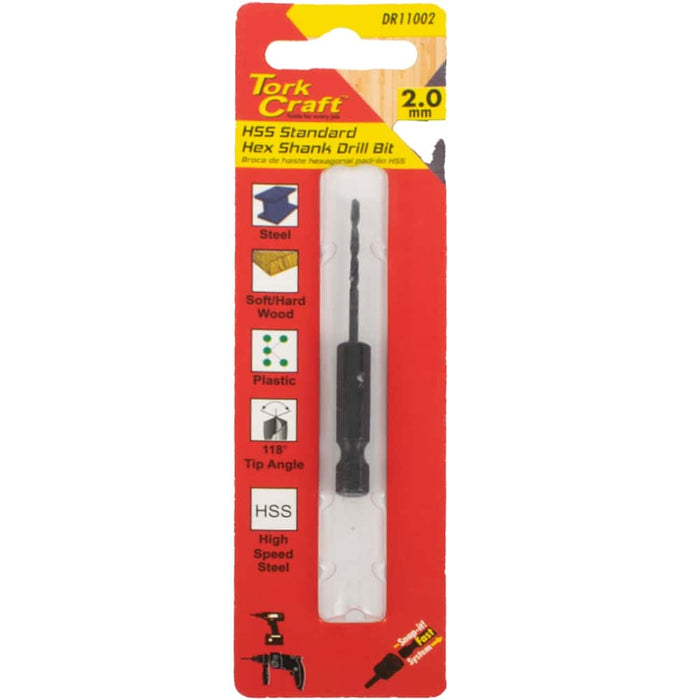 TorkCraft HSS Standard 2.0mm Hex Shank Drill Bit - High Speed Steel for Metal, Wood & Plastic
