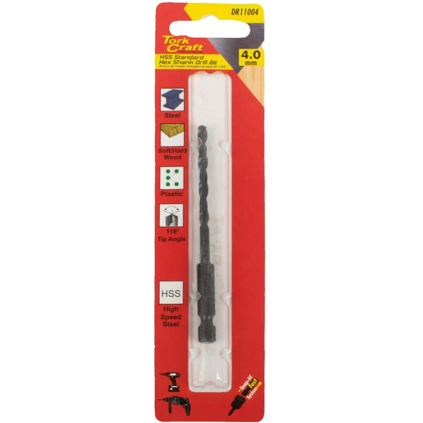 Tork Craft HSS Standard 4.0mm Hex Shank Drill Bit: Steel, Wood, Plastic
