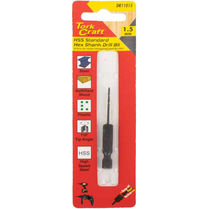 Tork Craft 1.5mm HSS Drill Bit - Hex Shank for Steel, Wood, Plastic Drilling | High-Speed Steel Bit